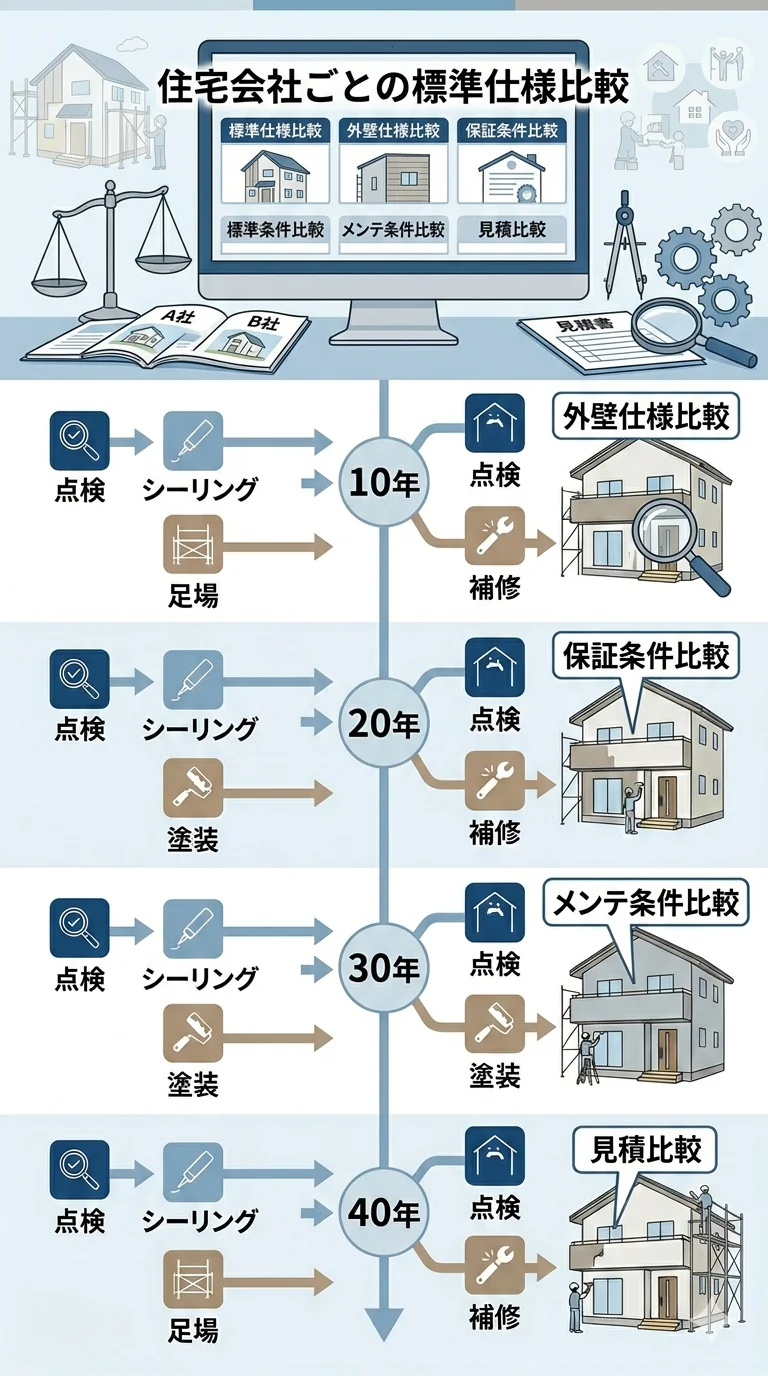 ハウスメーカーの標準仕様・保証・メンテナンス条件を複数社で比較するイメージ