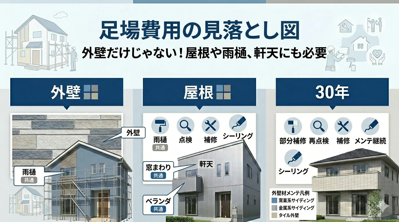 足場費用の見落としを示す図解｜外壁以外でも屋根・雨樋・軒天などで足場が必要になる場面のイメージ